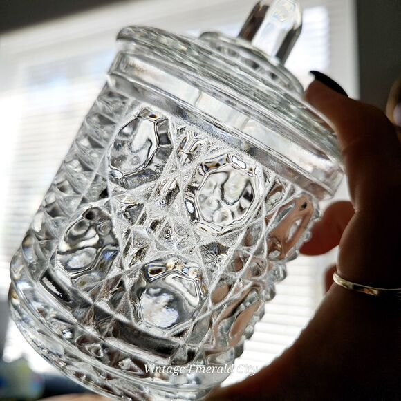 Vtg Indiana Glass Royal Brighton Jam & Sugar Set Beehive Free Emerald Spoon Read - Picture 5 of 12